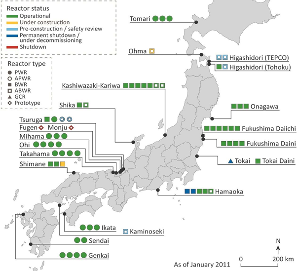 Inventario de centrales nucleares en Japón